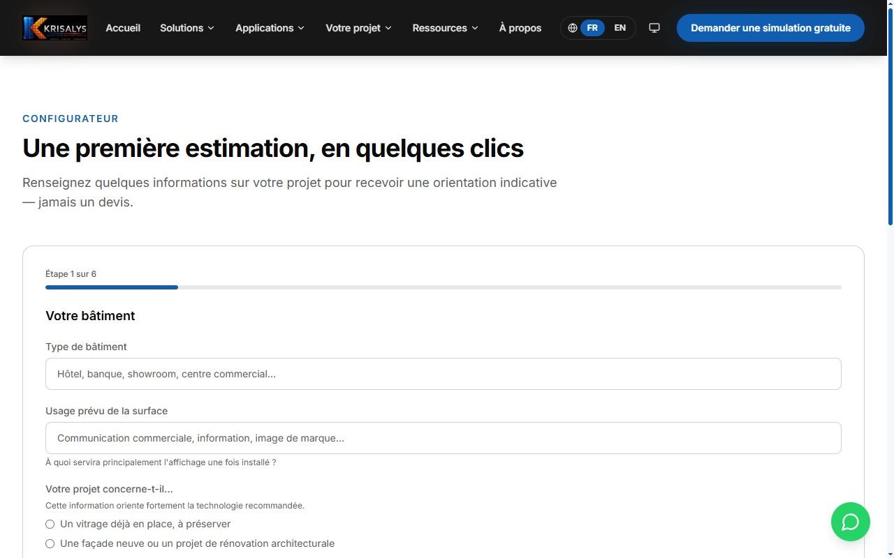 Project configurator of the KRISALYS LED website: 6-step form, step 1 of 6, building type and use of the surface