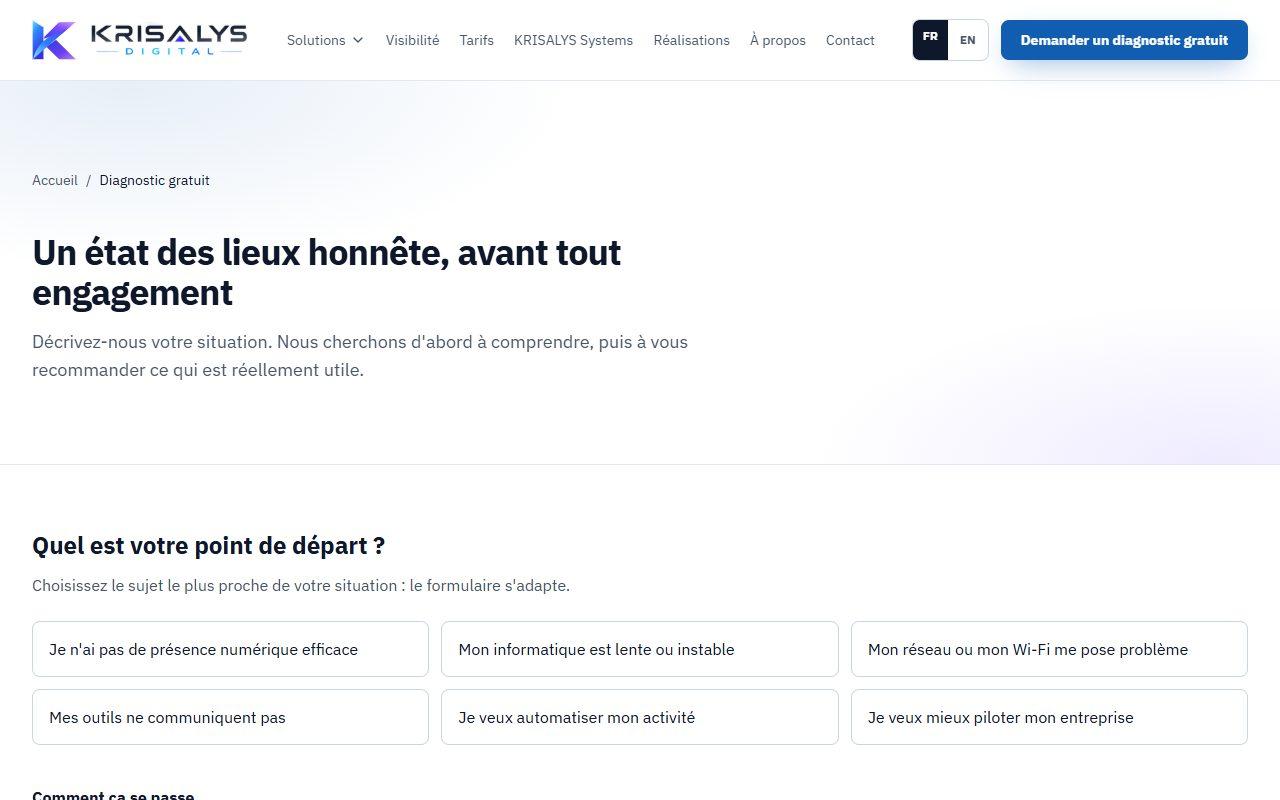 Page Diagnostic du site KRISALYS Digital : choix du point de départ parmi six situations (présence numérique, informatique lente, réseau, outils, automatisation, pilotage).