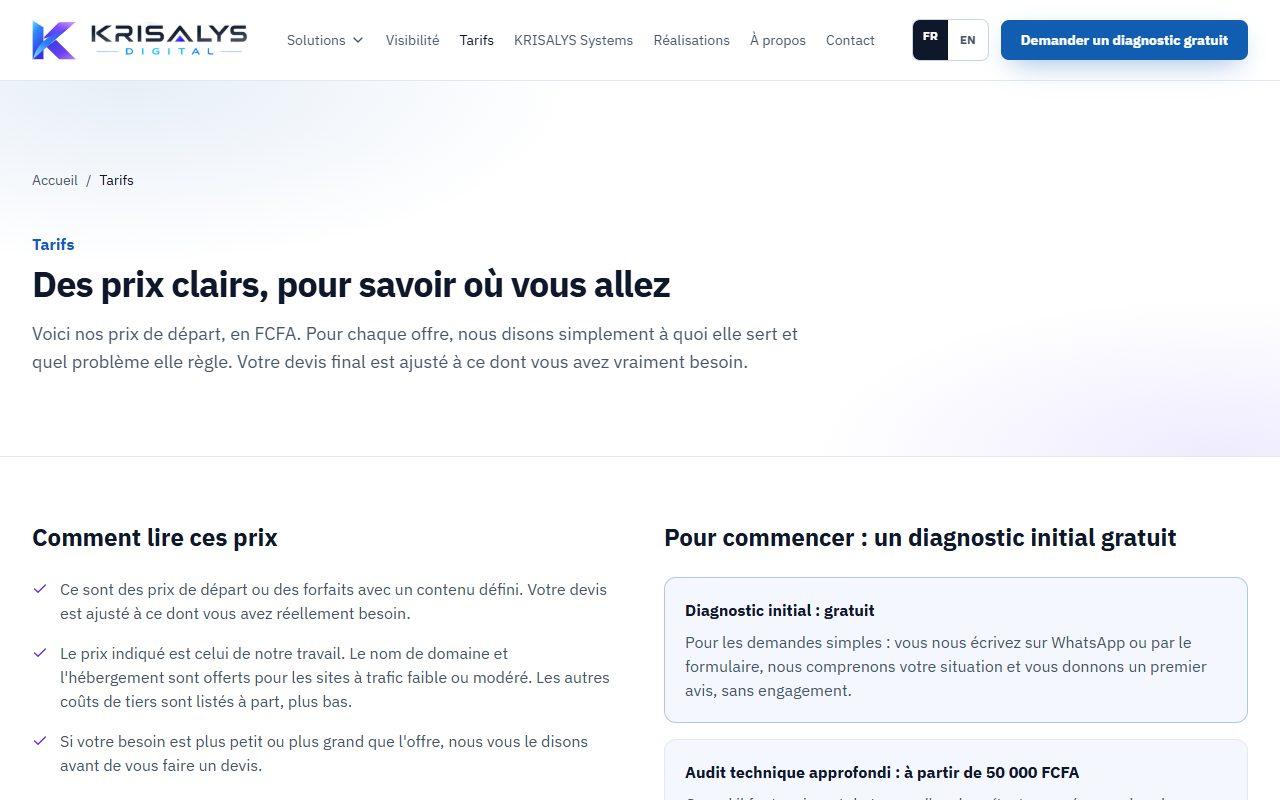 Page Tarifs du site KRISALYS Digital : titre sur les prix clairs, explication de la lecture des prix et encadré sur le diagnostic initial gratuit.